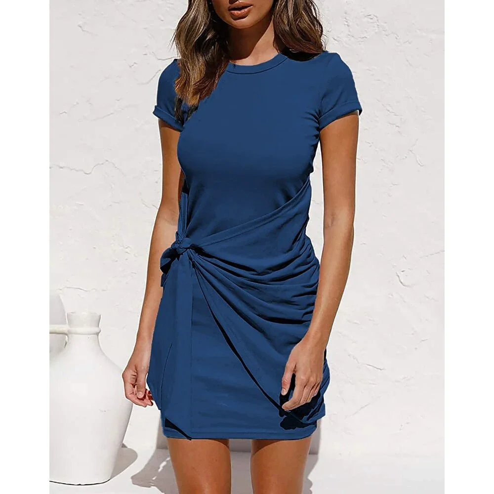 BTFBM Women 2025 Spring Casual Short Sleeve Ruched Bodycon Tank T Shirt Dress- - Picture 2 of 8